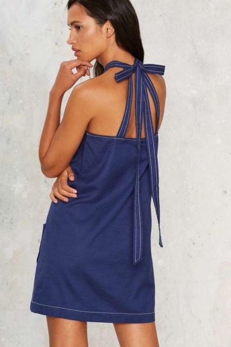 Left at the Halter Mini Dress. Blue denim look halter neck dresses | back tie halterneck | casual fashion - flipped