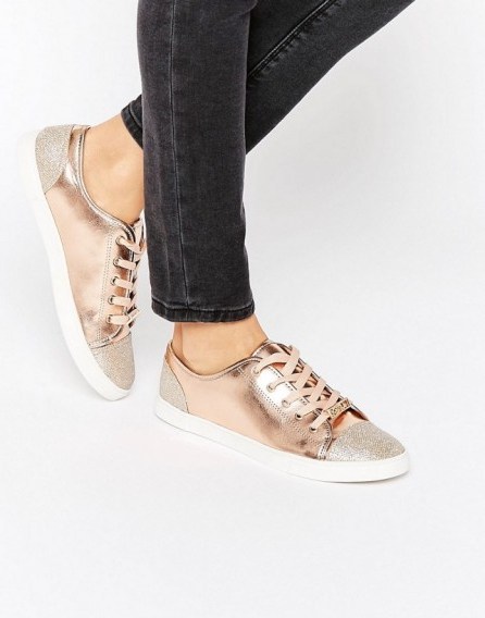 Sports luxe Lipsy Metallic Glitter Toecap Trainers rose gold ~ luxury looking sneakers ~ glamorous casual flat shoes - flipped