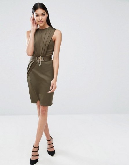Michelle Keegan Loves Lipsy Belted Wrap Dress, khaki green bodycon dresses, fitted fashion - flipped