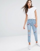 Liquor & Poker Tall Boyfriend Jeans With Multi Sequin Badges blue. Casual fashion | relaxed fit | high waisted | sequins | embellished denim | badge embellishments