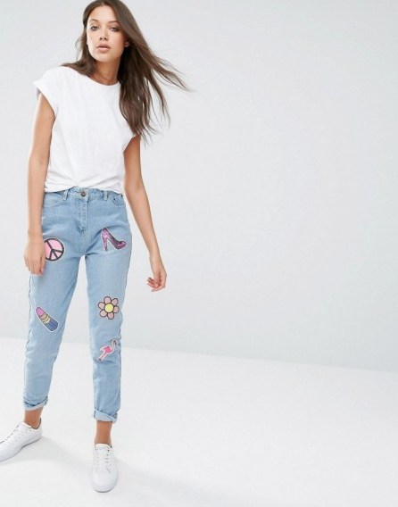 Liquor & Poker Tall Boyfriend Jeans With Multi Sequin Badges blue. Casual fashion | relaxed fit | high waisted | sequins | embellished denim | badge embellishments - flipped