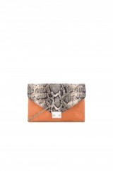 LOEFFLER RANDALL Lock clutch in graphite & desert nude – suede & snake embossed handbags – designer bags – printed shoulder bag with chain strap