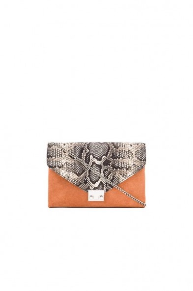 LOEFFLER RANDALL Lock clutch in graphite & desert nude – suede & snake embossed handbags – designer bags – printed shoulder bag with chain strap - flipped