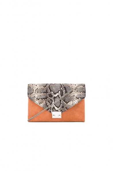 LOEFFLER RANDALL Lock clutch in graphite & desert nude – suede & snake embossed handbags – designer bags – printed shoulder bag with chain strap