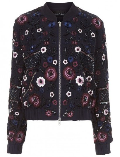 NEEDLE & THREAD Midnight Embroidered Folk Bomber Jacket in navy. Floral embellished jackets | casual luxe fashion - flipped