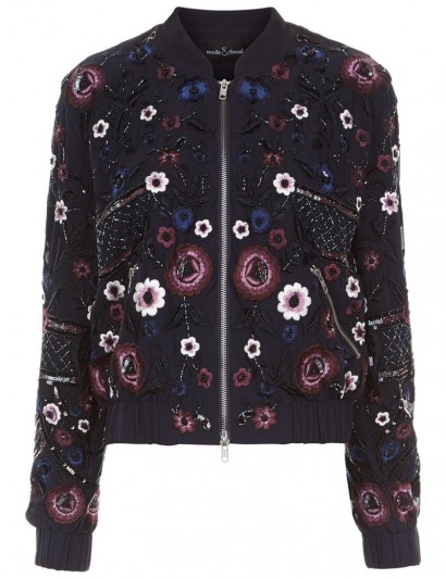 NEEDLE & THREAD Midnight Embroidered Folk Bomber Jacket in navy. Floral embellished jackets | casual luxe fashion