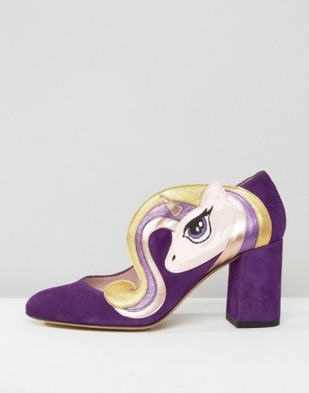 Minna Parikka Sparks Purple Unicorn Heeled Shoes – chunky block heel – almond toe – unicorns – high heels – suede footwear – fun & cute - flipped