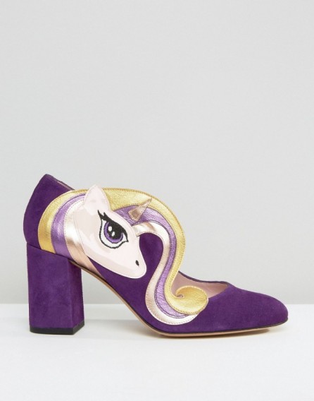 Minna Parikka Sparks Purple Unicorn Heeled Shoes – chunky block heel – almond toe – unicorns – high heels – suede footwear – fun & cute
