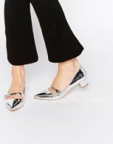 Miss KG Audrina Silver Patent Mid Heeled Mary Jane Heeled Shoes ~ metallic Mary Janes ~ luxe style ~ low block heel ~ pointy ~ pointed toe ~ luxury look footwear