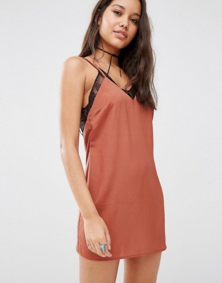 Missguided Satin Lace Trim Cami Dress toffee ~ mini slip dresses ~ on-trend fashion ~ spaghetti straps ~ strappy ~ V-neck - flipped