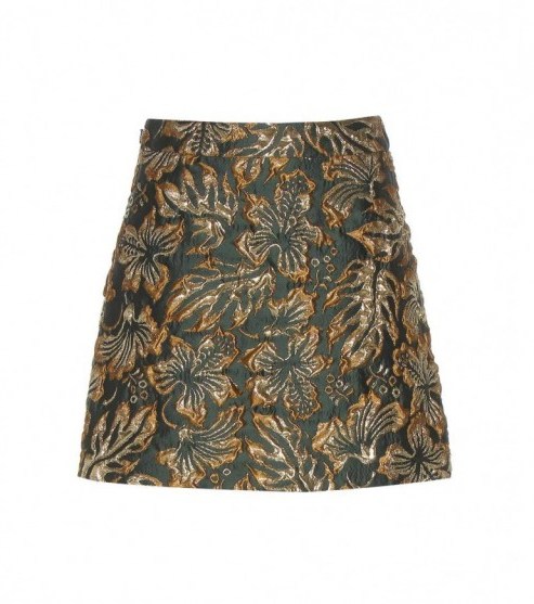 PRADA Metallic cloqué jacquard skirt ~ luxe A-line mini skirts ~ dark green fabric with gold thread ~ luxury designer fashion - flipped