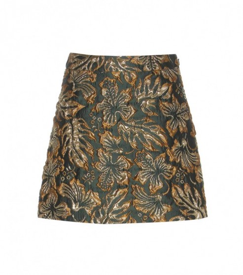 PRADA Metallic cloqué jacquard skirt ~ luxe A-line mini skirts ~ dark green fabric with gold thread ~ luxury designer fashion