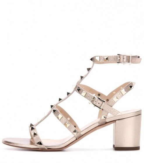 VALENTINO Rockstud leather sandals ~ luxe designer shoes ~ gold tone studs ~ luxury footwear ~ chunky mid heel ~ metallic accessories - flipped