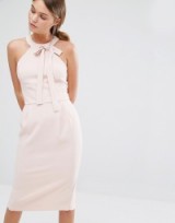 Oasis Bow Detail Pencil Midi Dress – light pink dresses – fitted fashion – feminine style – sleeveless with round neck