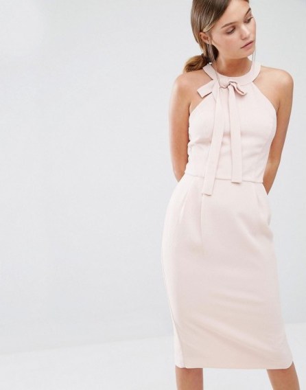 Oasis Bow Detail Pencil Midi Dress – light pink dresses – fitted fashion – feminine style – sleeveless with round neck - flipped