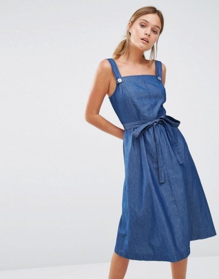 Oasis Chambray Pinafore Belted Dress. Blue denim pinafores | casual dresses - flipped