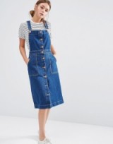 Oasis Denim Button Through Dungaree Dress. Blue pinafore dresses | casual fashion | overall style