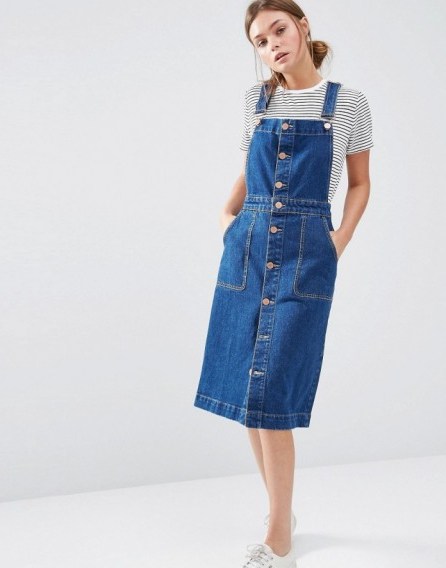 Oasis Denim Button Through Dungaree Dress. Blue pinafore dresses | casual fashion | overall style - flipped