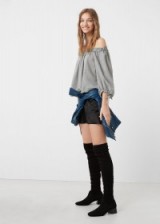 mango off shoulder blouse in grey. On-trend fashion | casual bardot tops | off the shoulder blouses