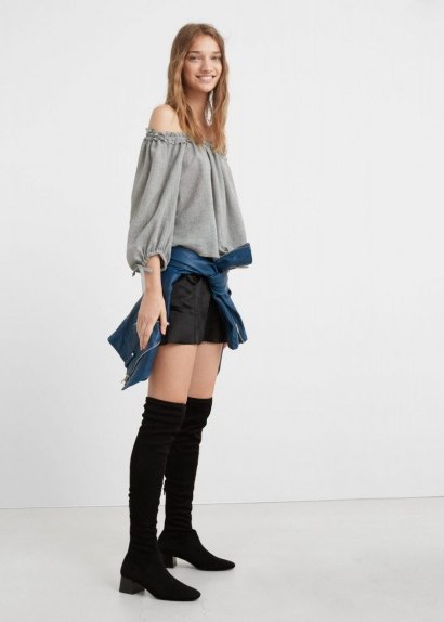 mango off shoulder blouse in grey. On-trend fashion | casual bardot tops | off the shoulder blouses - flipped