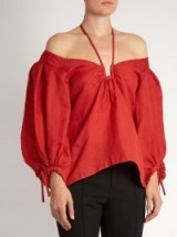 ROSIE ASSOULIN Off-the-shoulder silk-gazar top ~ red halterneck tops ~ luxe designer blouses ~ boho style chic ~ balloon sleeves ~ feminine clothing