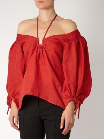 ROSIE ASSOULIN Off-the-shoulder silk-gazar top ~ red halterneck tops ~ luxe designer blouses ~ boho style chic ~ balloon sleeves ~ feminine clothing - flipped