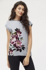 OASIS PAINTED ROSE PLEAT BACK TEE grey ~ cap sleeved tees ~ floral tops ~ flower prints ~ feminine fashion