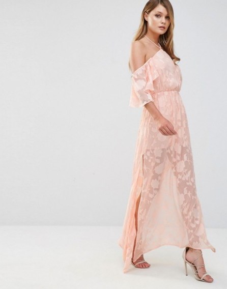 Dark Pink Cold Shoulder Frill Maxi Dress – pale pink off the shoulder dresses – long length fashion – feminine occasion wear – halterneck – ruffled detail - flipped