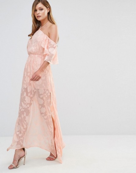 Dark Pink Cold Shoulder Frill Maxi Dress – pale pink off the shoulder dresses – long length fashion – feminine occasion wear – halterneck – ruffled detail