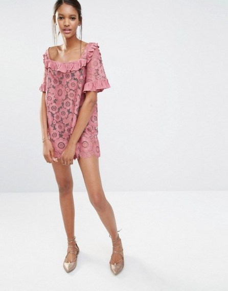 For Love and Lemons Sonya Babydoll Lace Ruffle Dress in Pink ~ luxe style mini dresses ~ ruffled trim ~ feminine fashion ~ floral - flipped