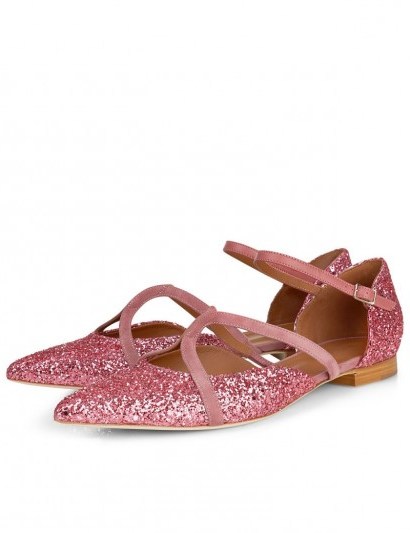 MALONE SOULIERS Pink Glitter Veronica Pointed Flats. Luxe flat shoes | strappy | glittering | shimmering embellished | designer footwear - flipped