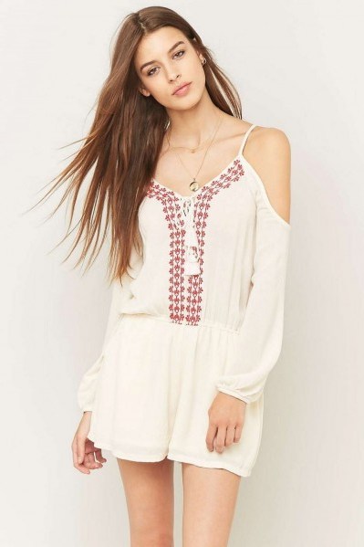 Pins & Needles Embroidered Cold Shoulder Playsuit ~ boho style ivory playsuits - flipped