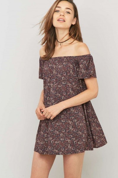 Pins & Needles Off-The-Shoulder Floral Maroon Tunic Dress ~ bardot swing dresses - flipped