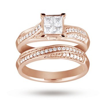 goldsmiths Princess and Brilliant Cut 0.76 Carat Total Weight Diamond Bridal Set in 9 Carat Rose Gold ~ wedding rings ~ jewellery sets ~ love bling - flipped