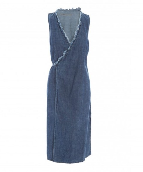 RAQUEL ALLEGRA DENIM WRAP MAXI DRESS. Blue sleeveless dresses | casual fashion | weekend style clothing - flipped