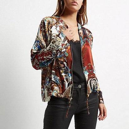 River Island Red paisley print shacket. Printed bomber jackets | shirt style jacket | front zip | lightweight fabric | casual outerwear - flipped