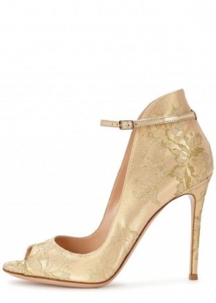 GIANVITO ROSSI Rioko gold leather and lace pumps, luxe high heels, designer shoes, peep toe, luxury fashion - flipped