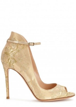 GIANVITO ROSSI Rioko gold leather and lace pumps, luxe high heels, designer shoes, peep toe, luxury fashion