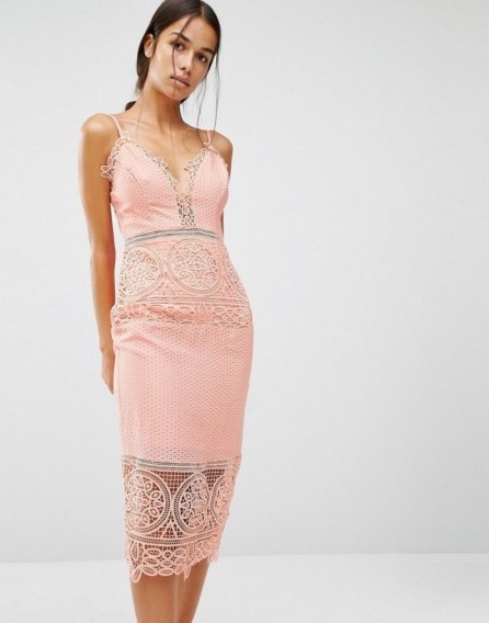 River Island Lace Detail Bodycon Dress, pink fitted dresses, thin straps, glamorous, feminine, evening fashion - flipped