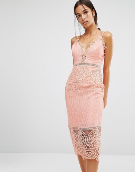 River Island Lace Detail Bodycon Dress, pink fitted dresses, thin straps, glamorous, feminine, evening fashion