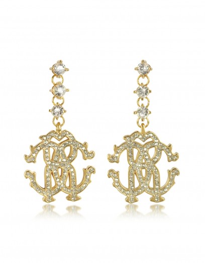 ROBERTO CAVALLI RC Icon Golden Metal Earrings w/Crystals ~ statement drop earrings ~ designer fashion jewellery ~ crystals