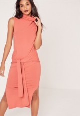 missguided roll neck tie front split midi dress pink ~ on-trend fashion ~ rose-pink day dresses ~ simple and elegant ~ sleeveless ~ double slit style
