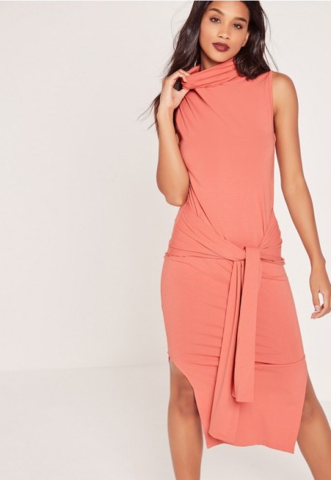 missguided roll neck tie front split midi dress pink ~ on-trend fashion ~ rose-pink day dresses ~ simple and elegant ~ sleeveless ~ double slit style - flipped
