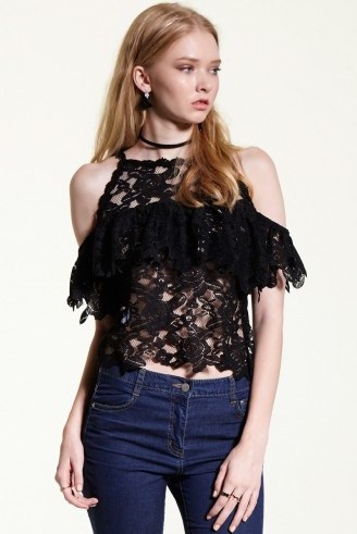 Sandy Floral Lace Top in black ~ feminine style fashion ~ ruffled cold shoulder tops - flipped
