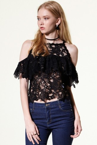 Sandy Floral Lace Top in black ~ feminine style fashion ~ ruffled cold shoulder tops