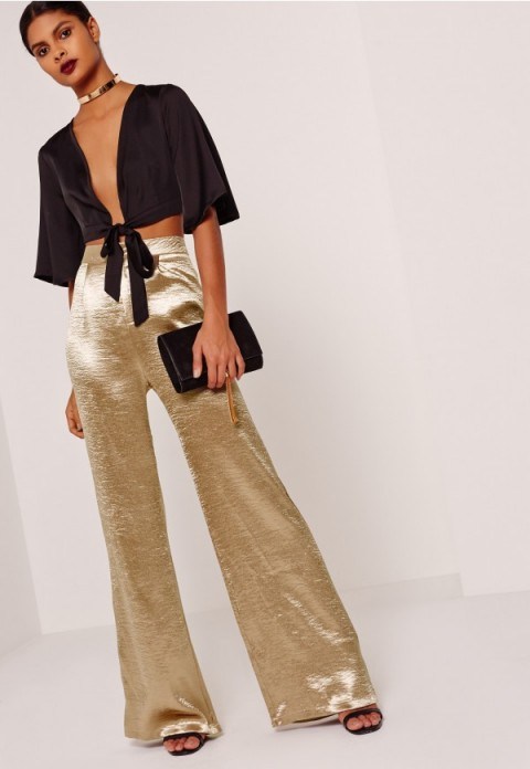 missguided satin wide leg trousers gold ~ affordable luxe ~ glamorous evening pants ~ going out glamour ~ party style clothing - flipped