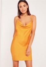 Missguided silky cowl front cami dress mustard. Plunge front | on-trend slip dresses | low cut neck | strappy | spaghetti straps | going out fashion | camisole style | plunging neckline