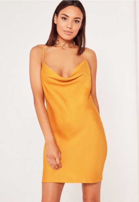 Missguided silky cowl front cami dress mustard. Plunge front | on-trend slip dresses | low cut neck | strappy | spaghetti straps | going out fashion | camisole style | plunging neckline - flipped