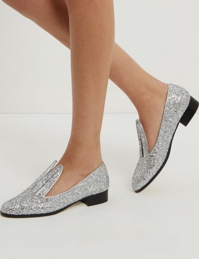 MINNA PARIKKA Silver Glitter Bunny Loafers silver. Luxe flats | glittering flat shoes | rabbit ears | sparkling footwear - flipped