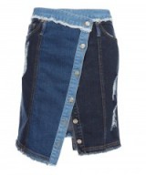 SJYP BUTTON WRAP DENIM MINI SKIRT. Blue denim skirts | asymmetric front and hem | patchwork fashion